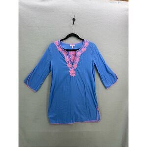 Lilly Pulitzer Womens Blue Split Neck Embroidered 3/4 Sleeve Cover-up Dress XS